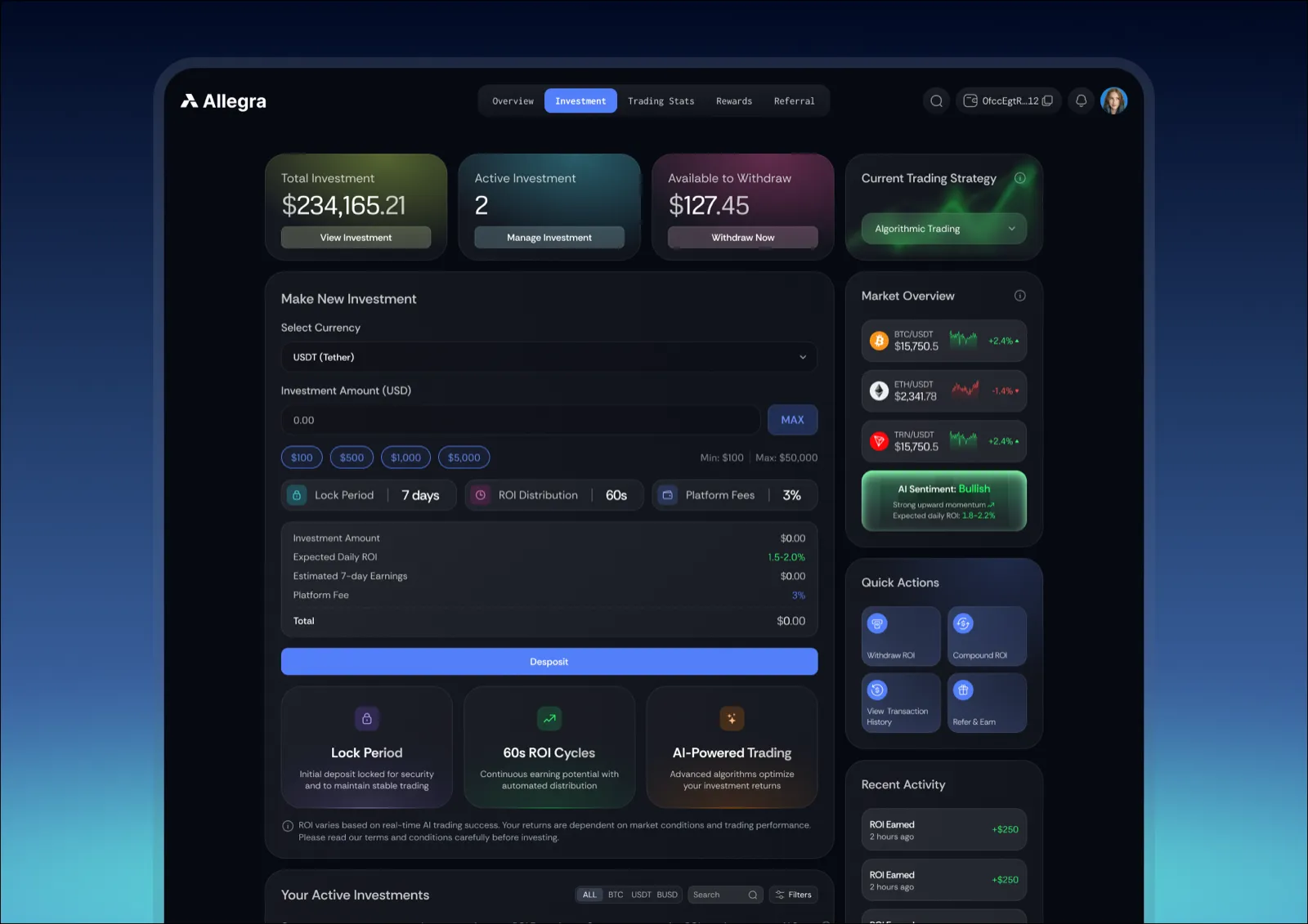 Allegra trading dashboard with investment cards, a new investment form and market overview