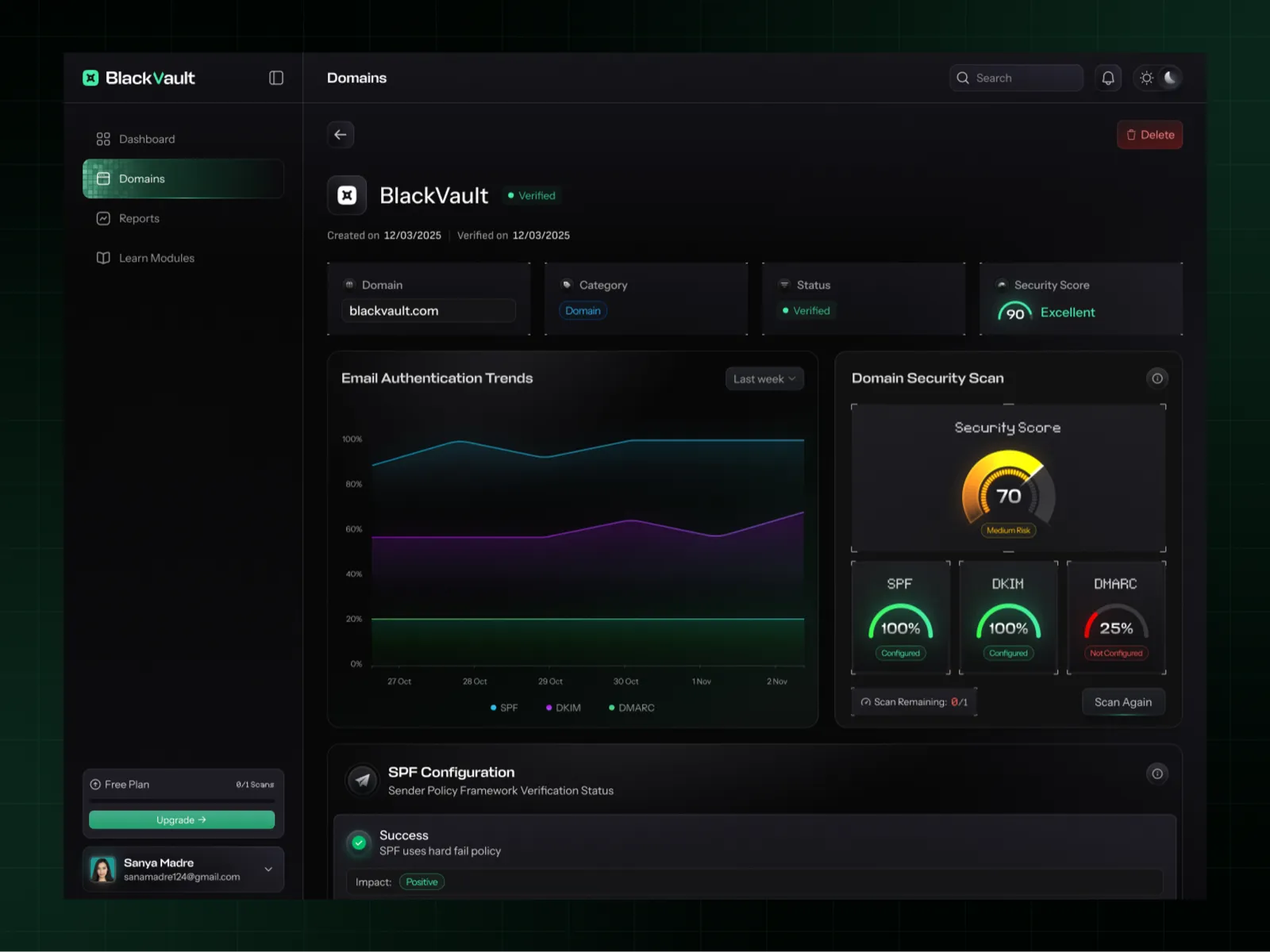 BlackVault domain security screen with a score gauge and SPF, DKIM and DMARC results
