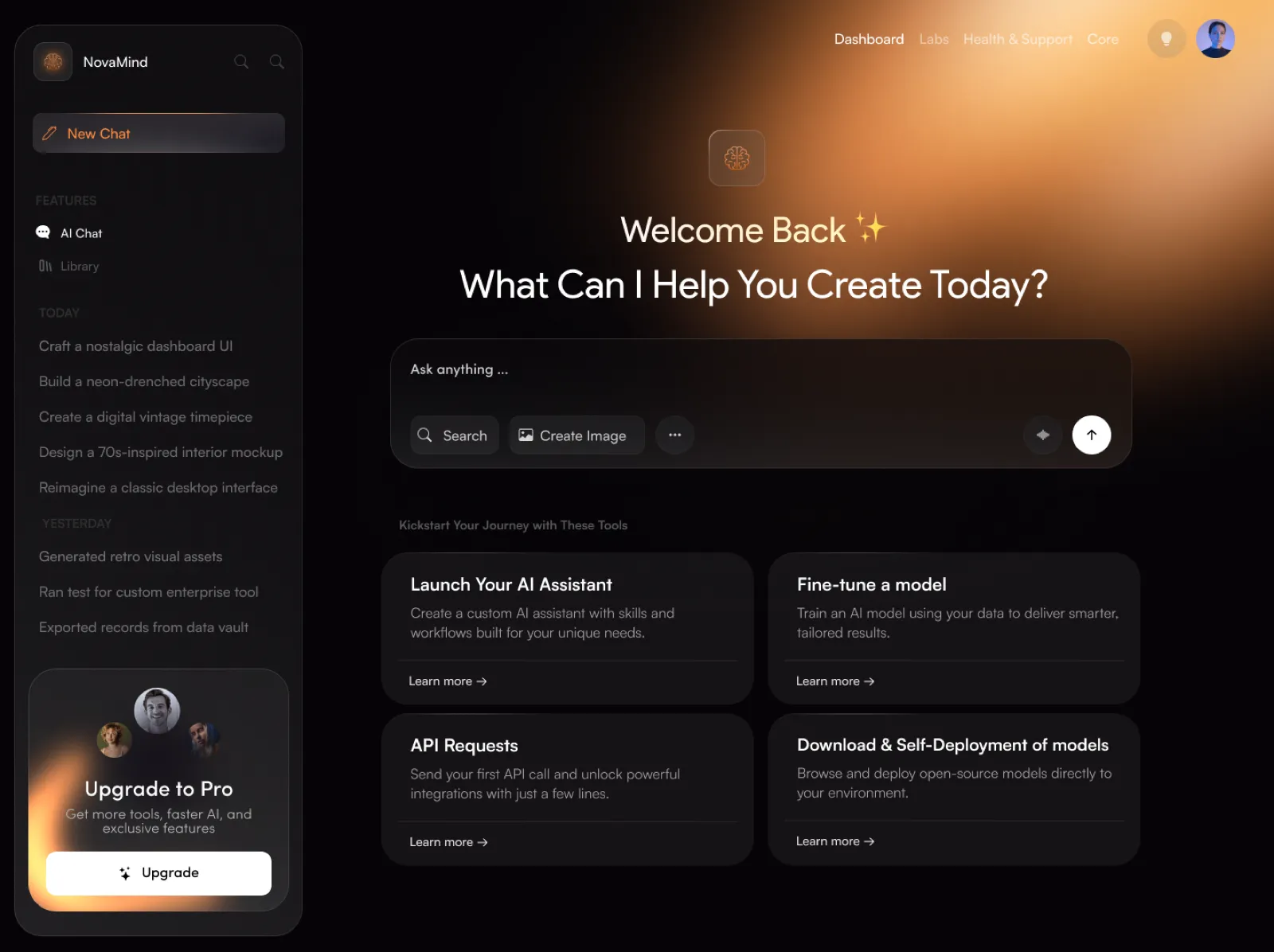 NovaMind AI dashboard with a warm amber glow and prompt suggestions