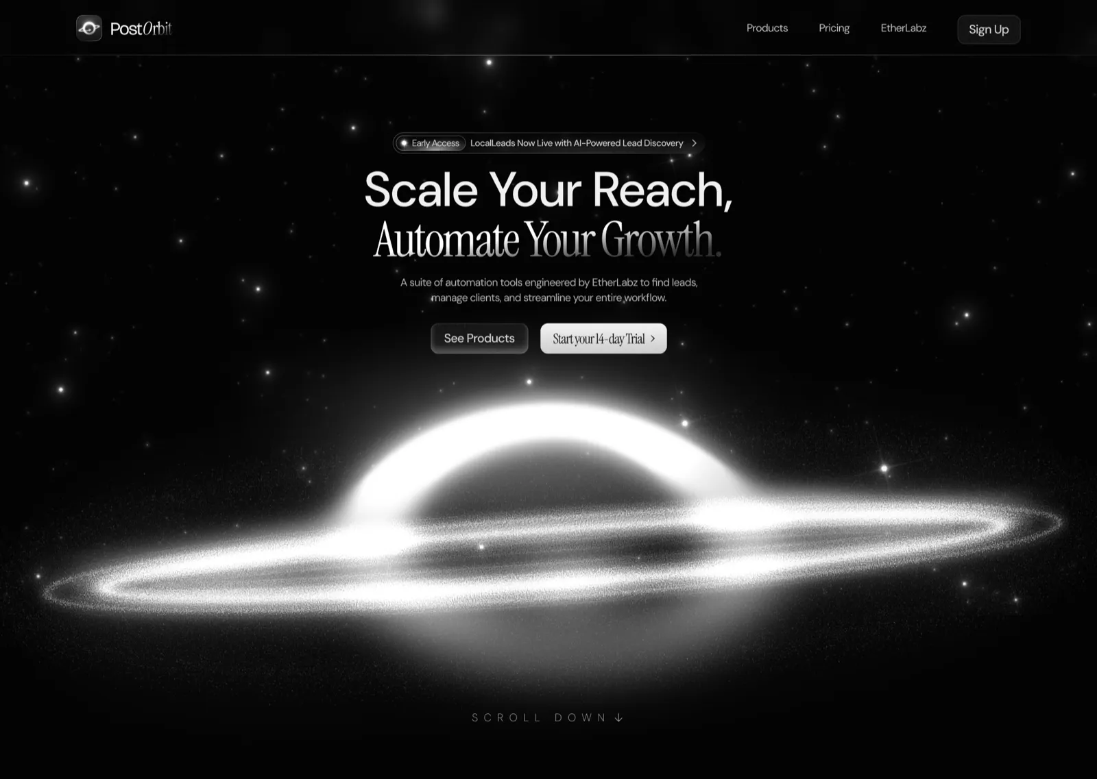 PostOrbit landing page: a glowing orbit ring on black with the headline Scale your reach, automate your growth