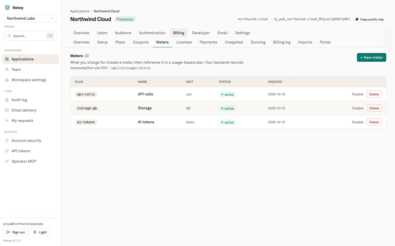 Rekey usage meters for API calls, storage and AI tokens