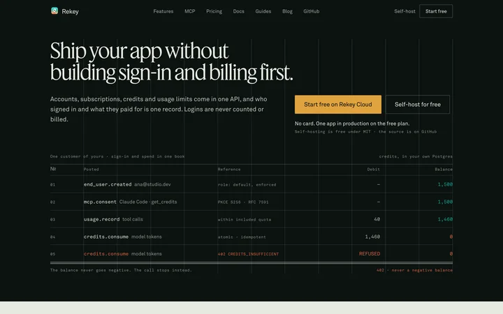 Rekey home page: ship your app without building sign-in and billing first